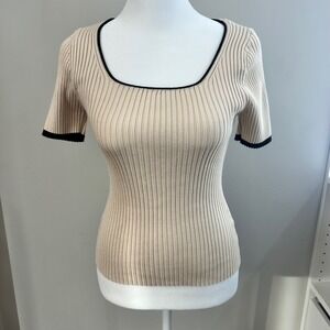 ZESICA Women's Beige Ribbed Knit Square‎ Neck Short Sleeve Top Size S